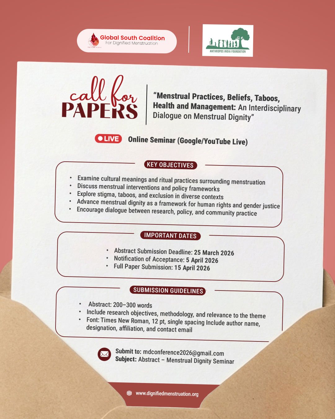 📢 Call for Papers:  “Menstrual Practices, Beliefs, Taboos, Health and Management : An Interdisciplinary Dialogue on Menstrual Dignity”